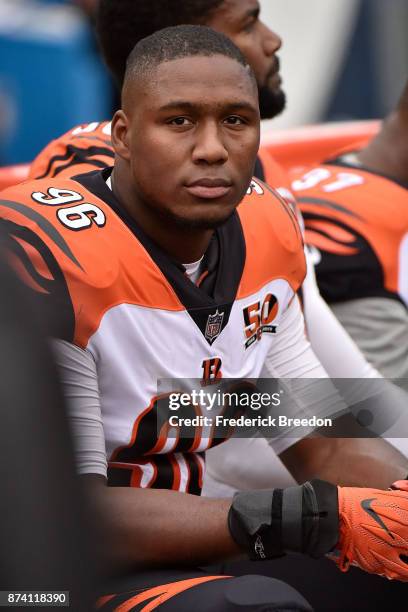 Carlos Dunlap of the Cincinnatti Bengals watches from the sideline during a game against the Tennessee Titans at Nissan Stadium on November 12, 2017...