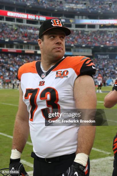 Eric Winston of the Cincinnatti Bengals watches from the sideline during a game against the Tennessee Titans at Nissan Stadium on November 12, 2017...