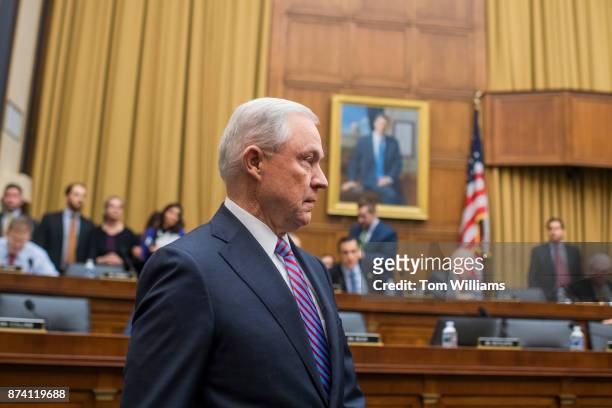Attorney General Jeff Sessions arrives to testify before a House Judiciary Committee hearing in Rayburn Building on November 14 on oversight of the...