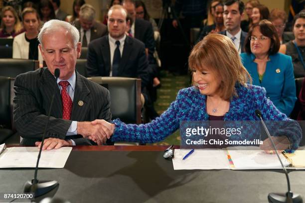 Rep. Bradley Byrne and Rep. Jackie Speier prepare to testify before the House Administration Committee in the Longworth House Office Building on...