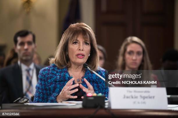 Democratic Representative from California Jackie Speier speaks during a House Administration Committee hearing on "Preventing Sexual Harassment in...