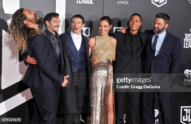 Jason Momoa, Henry Cavill, Ezra Miller, Gal Gadot, Ray Fisher and Ben Affleck arrive at the premiere of Warner Bros. Pictures' "Justice League" at...