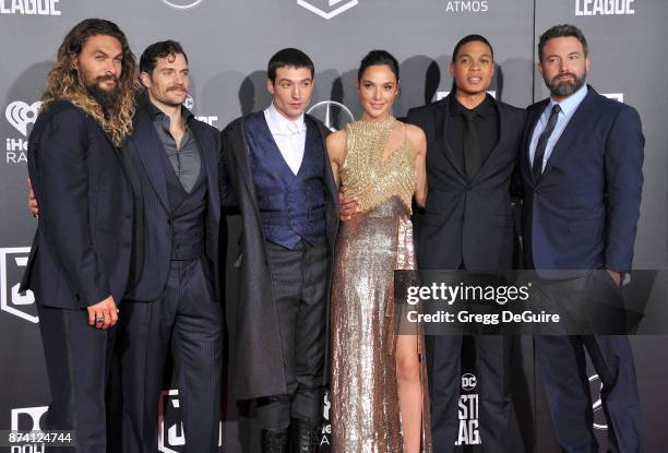 Jason Momoa, Henry Cavill, Ezra Miller, Gal Gadot, Ray Fisher and Ben Affleck arrive at the premiere of Warner Bros. Pictures' "Justice League" at...