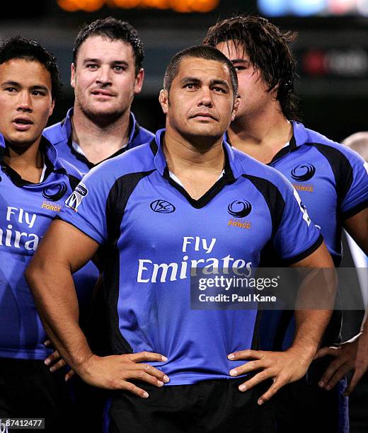 Retiring Force player Tai McIsaac looks on after the round 14 Super 14 match between the Western Force and the Highlanders at Subiaco Oval on May 16,...