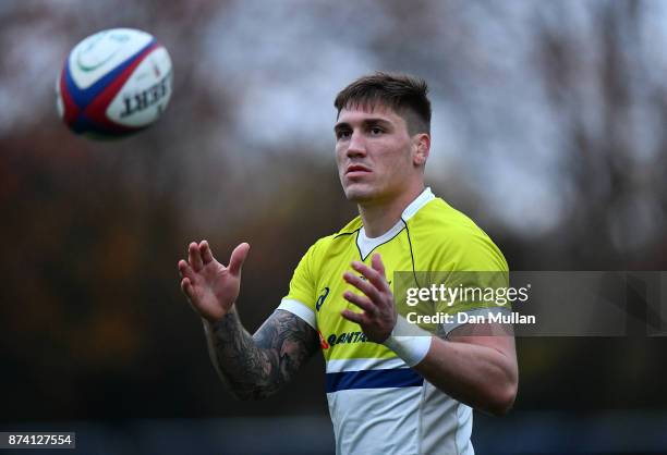 Sean McMahon of Australia receives a pass during a training session at the Lensbury Hotel on November 14, 2017 in London, England.