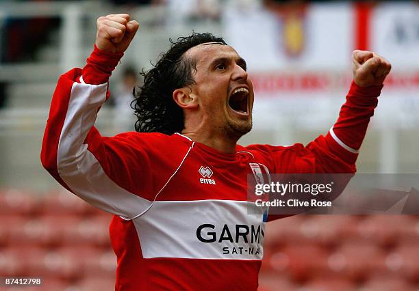 Tuncay Sanli of Middlesbrough celebrates his goal during the Barclays Premier League match between Middlesbrough and Aston Villa at the Riverside...