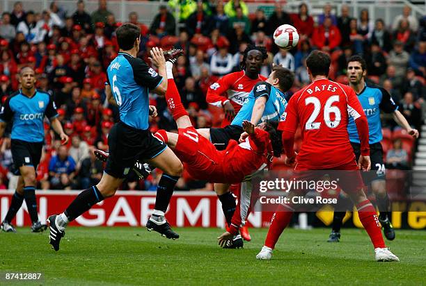 Tuncay Sanli of Middlesbrough scores with an overhead kick during the Barclays Premier League match between Middlesbrough and Aston Villa at the...