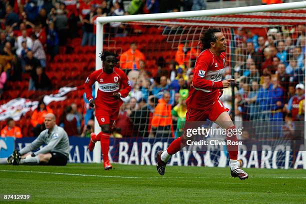 Tuncay Sanli of Middlesbrough celebrates his goal during the Barclays Premier League match between Middlesbrough and Aston Villa at the Riverside...