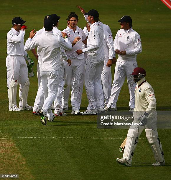 James Anderson of England is congratulated on his wicket, after bowling Devon Smith of the West Indies during day three of the 2nd npower Test...