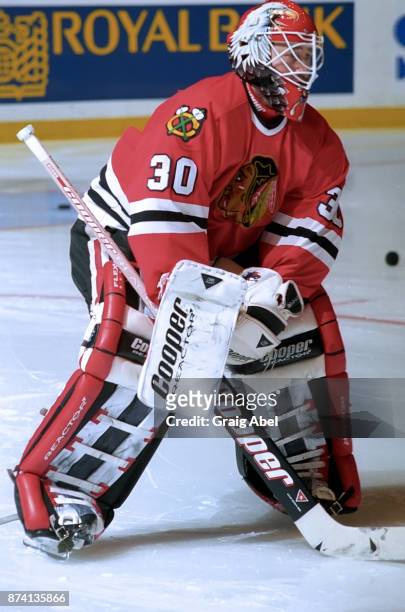 Ed Belfour of the Chicago Black Hawks skates against the Toronto Maple Leafs on April 3, 1996 at Maple Leaf Gardens in Toronto, Ontario, Canada.