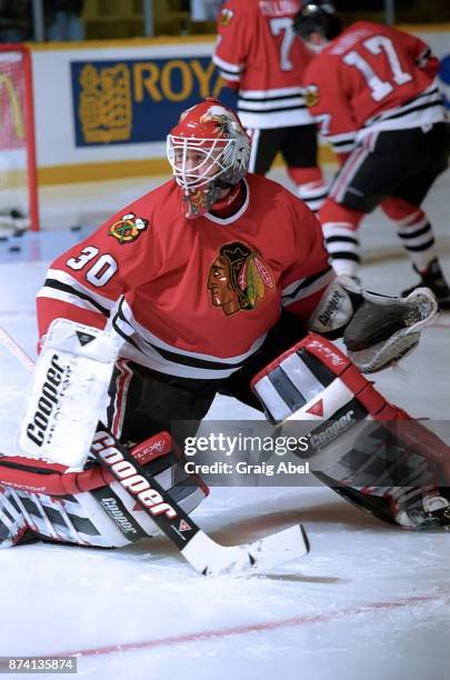 Ed Belfour of the Chicago Black Hawks skates against the Toronto Maple Leafs on April 3, 1996 at Maple Leaf Gardens in Toronto, Ontario, Canada.