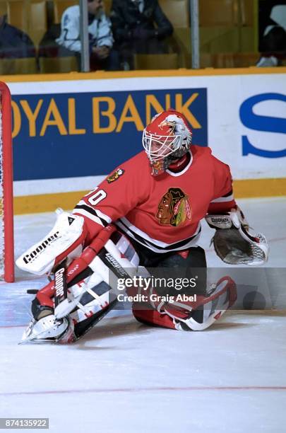 Ed Belfour of the Chicago Black Hawks skates against the Toronto Maple Leafs on April 3, 1996 at Maple Leaf Gardens in Toronto, Ontario, Canada.