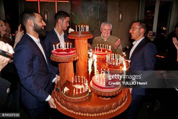 At the evening gala for the 80th birthday of Claude Lelouch, Jean Dujardin, Claude Lelouch is photographed for Paris Match on october 30, 2017 in...