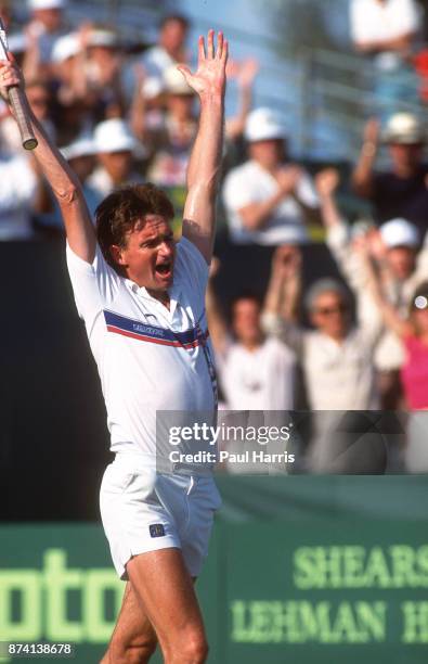Jimmy Connors, tennis player wins a match at the Miami, Florida tennis tournament May 17, 1988 in Miami, Florida
