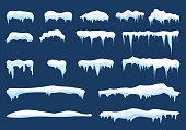 Set of snow icicles, snow cap isolated. Snowy elements on winter background. Vector template in cartoon style