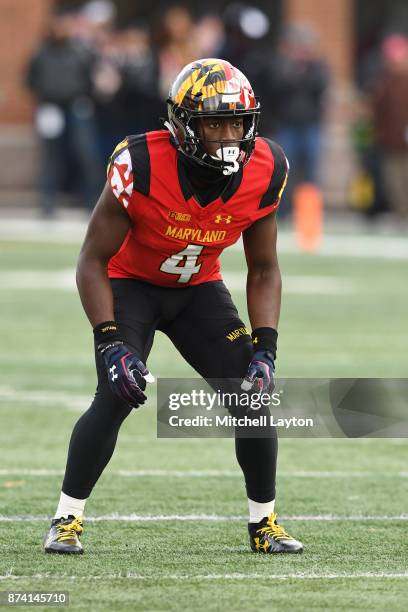 Darnell Savage Jr. #4 of the Maryland Terrapins in position during a college football game against the Michigan Wolverines at Capitol One Field on...