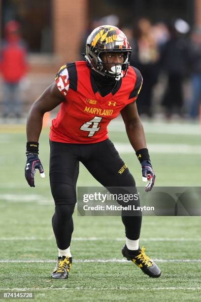 Darnell Savage Jr. #4 of the Maryland Terrapins in position during a college football game against the Michigan Wolverines at Capitol One Field on...