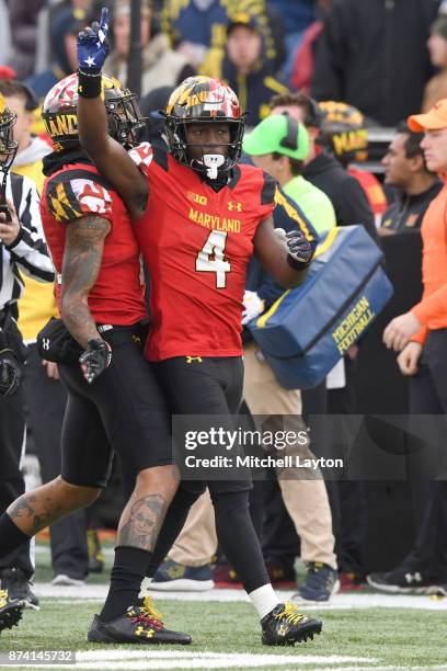 Darnell Savage Jr. #4 of the Maryland Terrapins celebrates a play during a college football game against the Michigan Wolverines at Capitol One Field...