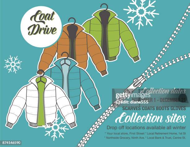 illustrations, cliparts, dessins animés et icônes de modèle de manteau drive charité affiche d’hiver - zip