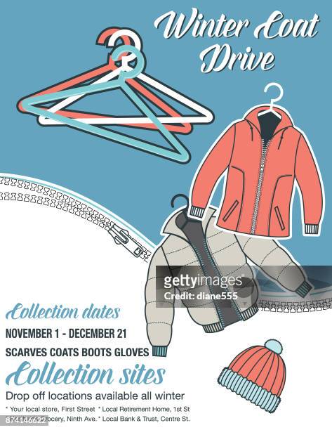 ilustraciones, imágenes clip art, dibujos animados e iconos de stock de plantilla de capa unidad caridad cartel de invierno - abrigo