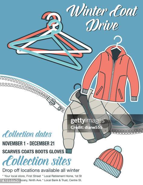 illustrations, cliparts, dessins animés et icônes de modèle de manteau drive charité affiche d’hiver - urne de donation