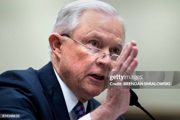 Attorney General Jeff Sessions testifies before a House Judiciary Committee hearing on November 14 in Washington, DC. Sessions vowed Tuesday to...