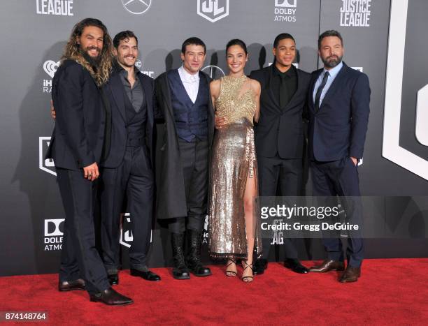 Jason, Momoa, Henry Cavill, Ezra Miller, Gal Gadot, Ray Fisher and Ben Affleck arrive at the premiere of Warner Bros. Pictures' "Justice League" at...