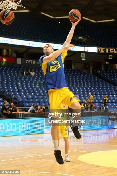 Artsiom Parakhouski, #45 of Maccabi Fox Tel Aviv warming up during the 2017/2018 Turkish Airlines EuroLeague Regular Season Round 7 game between...