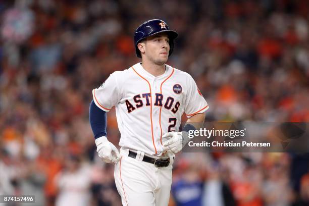 Alex Bregman of the Houston Astros in action against the Los Angeles Dodgers in game five of the 2017 World Series at Minute Maid Park on October 29,...