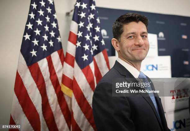Speaker of the House Paul Ryan attends a press conference following a weekly meeting of the House Republican caucus November 14, 2017 in Washington,...