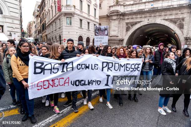 Students take part in a demonstration against the dilapidated condition of school buildings in Rome, on November 14, 2017 in Rome, Italy.