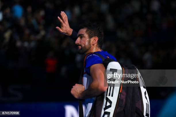 Marin Cilic of Croatia salutes the audience after he lost his Singles match against Jack Sock of the USA on day three of the Nitto ATP World Tour...