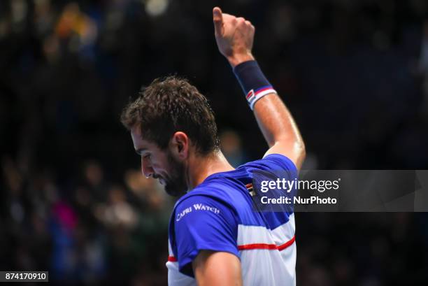 Marin Cilic of Croatia salutes the audience after he lost his Singles match against Jack Sock of the USA on day three of the Nitto ATP World Tour...