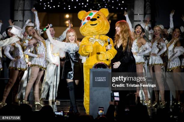 Kylie Minogue, Charlotte Tilbury and BBC Children in Need's Pudsey Bear switch on the Covent Garden Christmas lights at Covent Garden on November 14,...