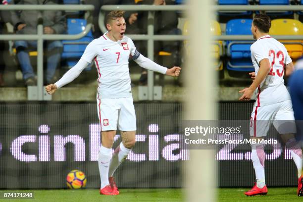 Szymon Zurkowski of Poland celebrates scoring a goal during UEFA U21 Championship Qualifier match between Poland and Denmark on November 14, 2017 in...