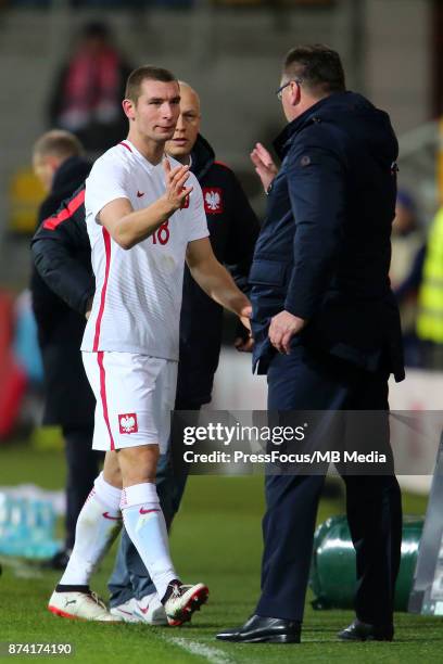 Pawel Tomczyk and Czeslaw Michniewicz of Poland during UEFA U21 Championship Qualifier match between Poland and Denmark on November 14, 2017 in...