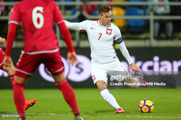 Szymon Zurkowski of Poland scores a goal during UEFA U21 Championship Qualifier match between Poland and Denmark on November 14, 2017 in Gdynia,...