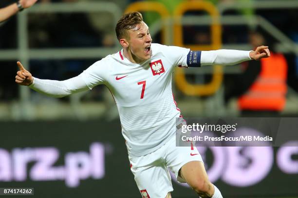 Szymon Zurkowski of Poland celebrates scoring a goal during UEFA U21 Championship Qualifier match between Poland and Denmark on November 14, 2017 in...