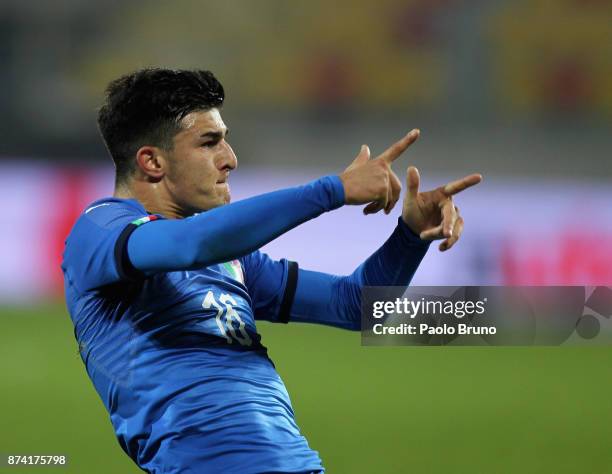 Riccardo Orsolini of Italy celebrates after scoring the team's third goal during the international friendly match between Italy U21 and Russia U21 on...