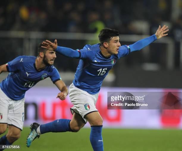Riccardo Orsolini of Italy celebrates after scoring the team's third goal during the international friendly match between Italy U21 and Russia U21 on...