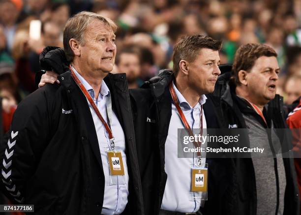 Dublin , Ireland - 14 November 2017; Denmark manager Aage Hareide, left, and assistant manager Jon Dahl Tomasson prior to the FIFA 2018 World Cup...