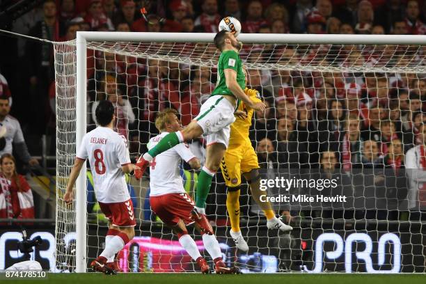 Shane Duffy of the Republic of Ireland scores his sides first goal during the FIFA 2018 World Cup Qualifier Play-Off: Second Leg between Republic of...