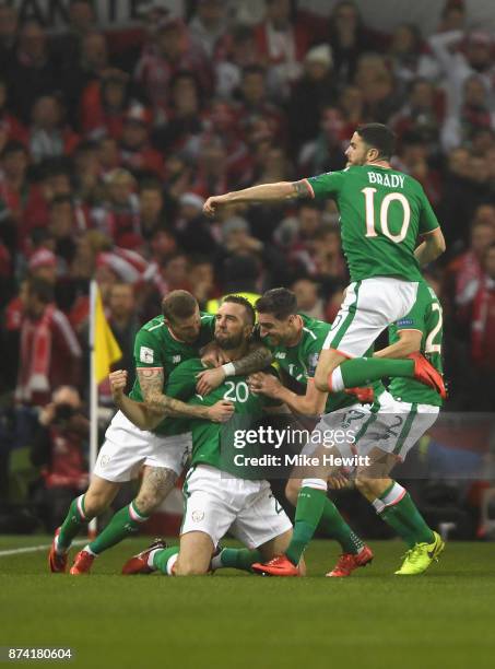 Shane Duffy of the Republic of Ireland celebrates scoring his sides first goal with his Republic of Ireland team mates during the FIFA 2018 World Cup...