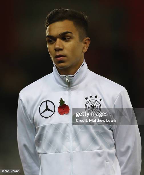 Oliver Batista Meier of Germany looks on during the International Match between England U17 and Germany U17 at The New York Stadium on November 14,...