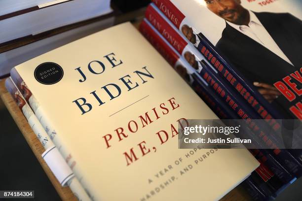 Copies of the new book by former U.S. Vice president Joe Biden called 'Promise Me, Dad' are displayed on a shelf at Book Passage on November 14, 2017...