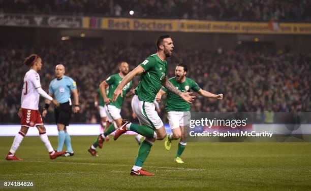 Dublin , Ireland - 14 November 2017; Shane Duffy of Republic of Ireland celebrates after scoring his side's first goal during the FIFA 2018 World Cup...