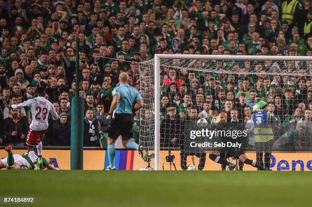 Dublin , Ireland - 14 November 2017; Darren Randolph of Republic of Ireland makes a save from a shot from Pione Sisto of Denmark during the FIFA 2018...