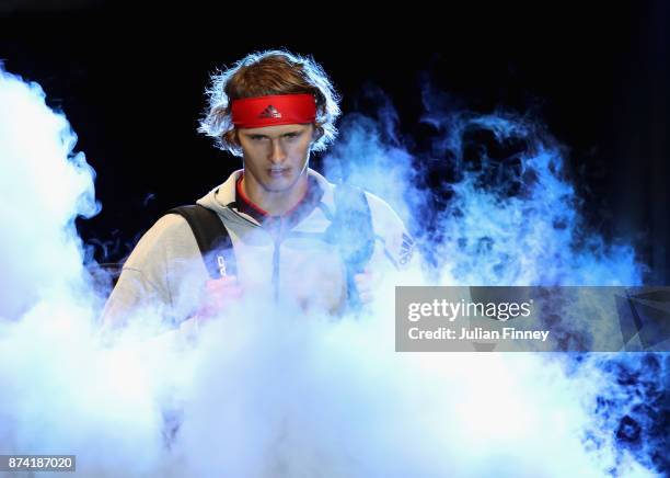 Alexander Zverev of Germany makes his way out onto court during the singles match against Roger Federer of Switzerland on day three of the Nitto ATP...