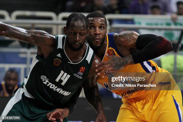 Thomas Robinson, #0 of Khimki Moscow Region competes with James Gist, #14 of Panathinaikos Superfoods Athens during the 2017/2018 Turkish Airlines...