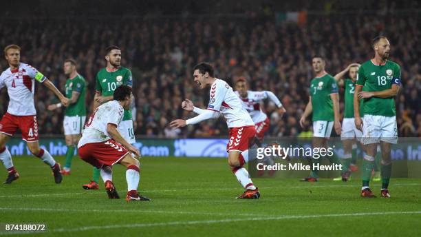 Andreas Christensen of Denmark celebrates his sides first goal as Cyrus Christie of the Republic of Ireland scores a own goal during the FIFA 2018...